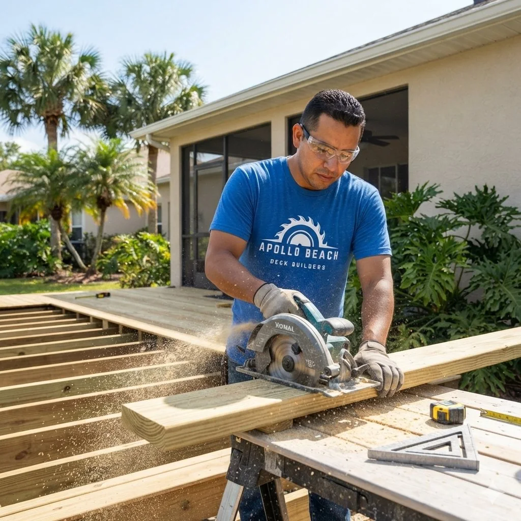 Crew member cutting a deck board with a circular saw in Apollo Beach